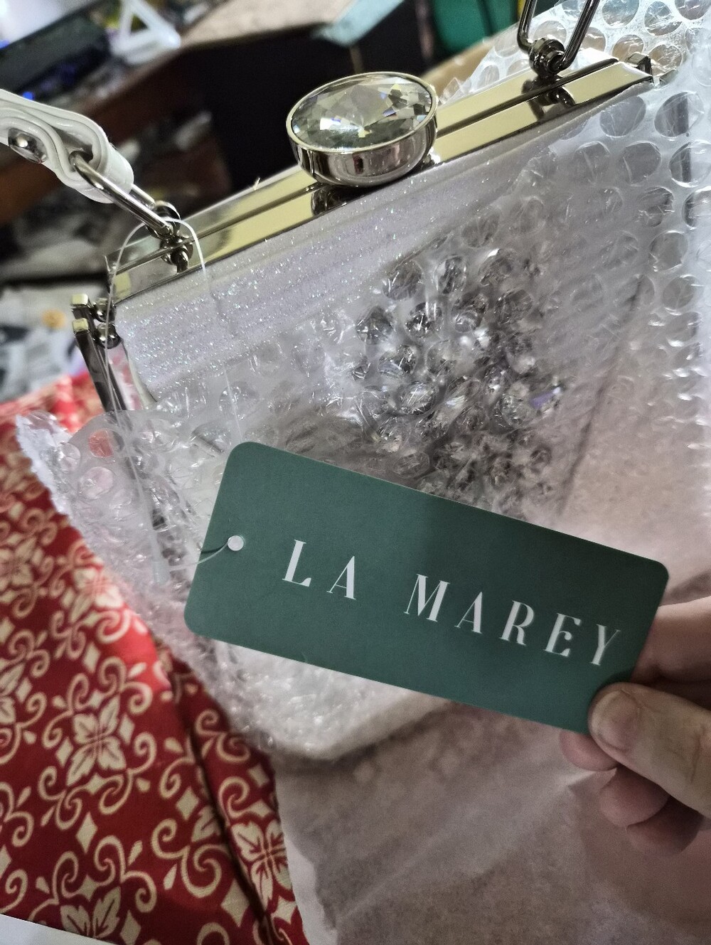 LA MAREY White Faux Leather Clutch/ Convertible Xbody Rhinestones - Picture 13 of 15